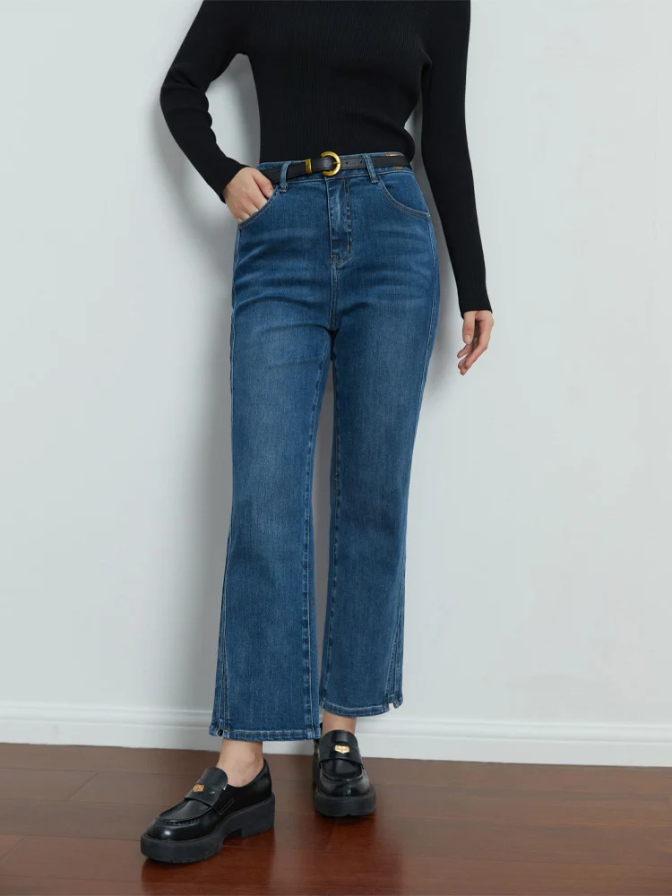 DUSHU Double Color Commuter Style High-waisted Bootcut Jeans for Women Autumn New Slim Fit All-match Nine-point Pants Female