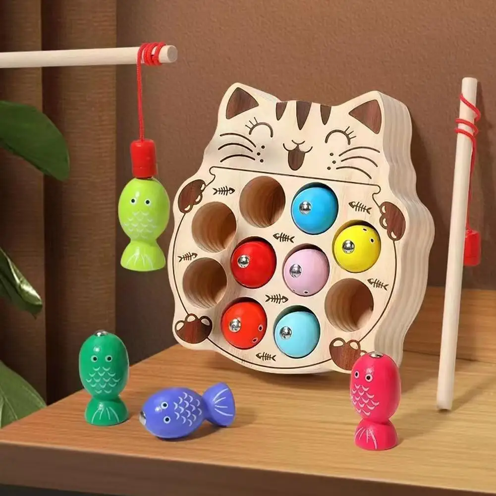 Children's Wooden Fishing Toys Magnetic Fishing Game Intellectual Playsets Fine Motor Skills Training Fishing Game