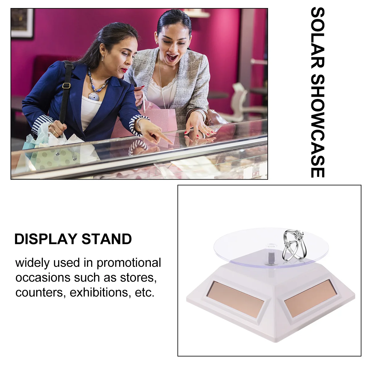

360° Rotating Turntable Solar Powered Jewelry Display Stand For Watch Necklace Bracelet Phone Showcase Organizer White