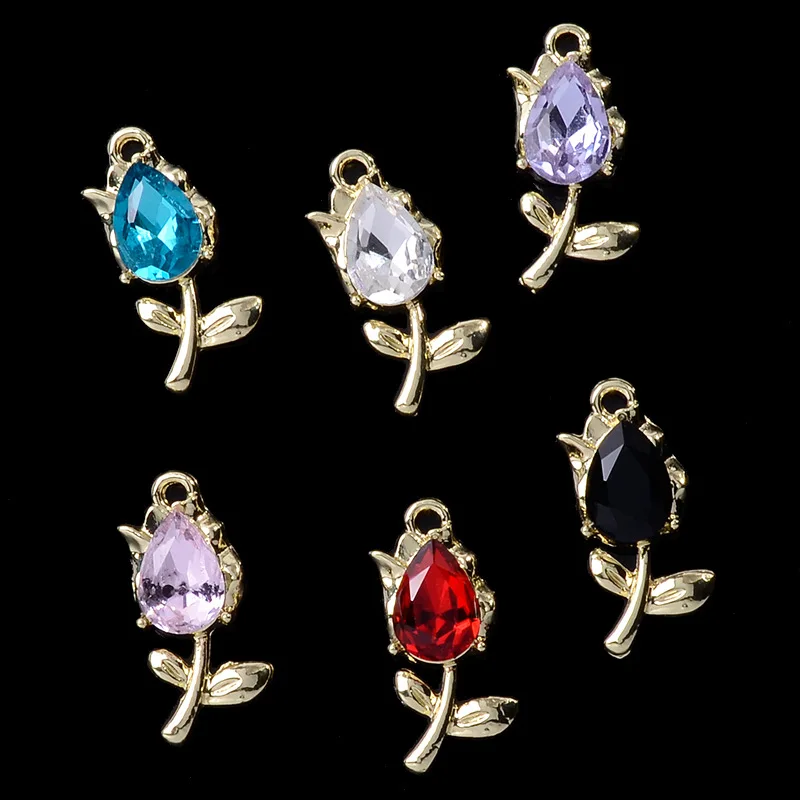 10 PCS Alloy Rhinestone Tulip Pendant Sweet lovely Bear Button Earrings Bracelet Clavicle Chain DIY Jewelry Materials