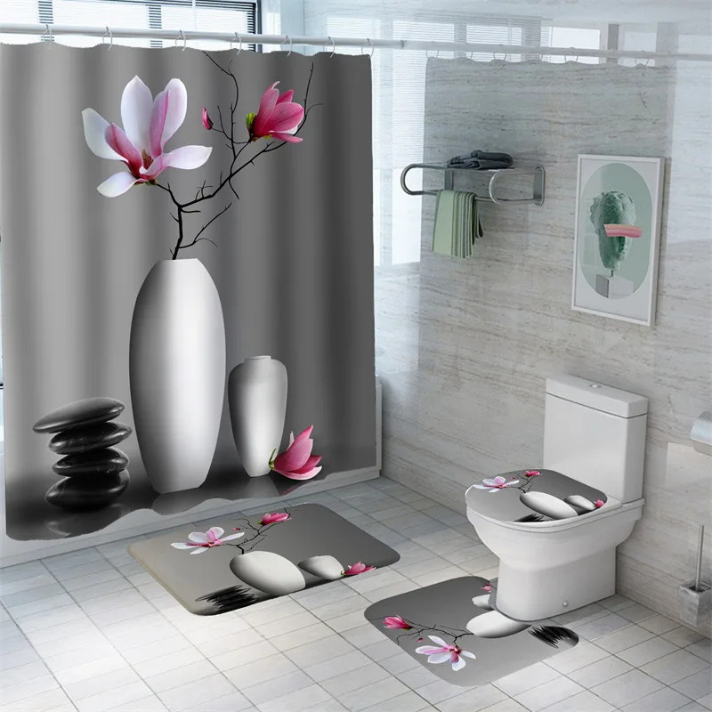 

Занавески для ванной с многослойными камнями, набор ковриков фаленопсис, водонепроницаемые занавески для душа с цветами, противоскользящие бамбуковые ковры, декор для комнаты