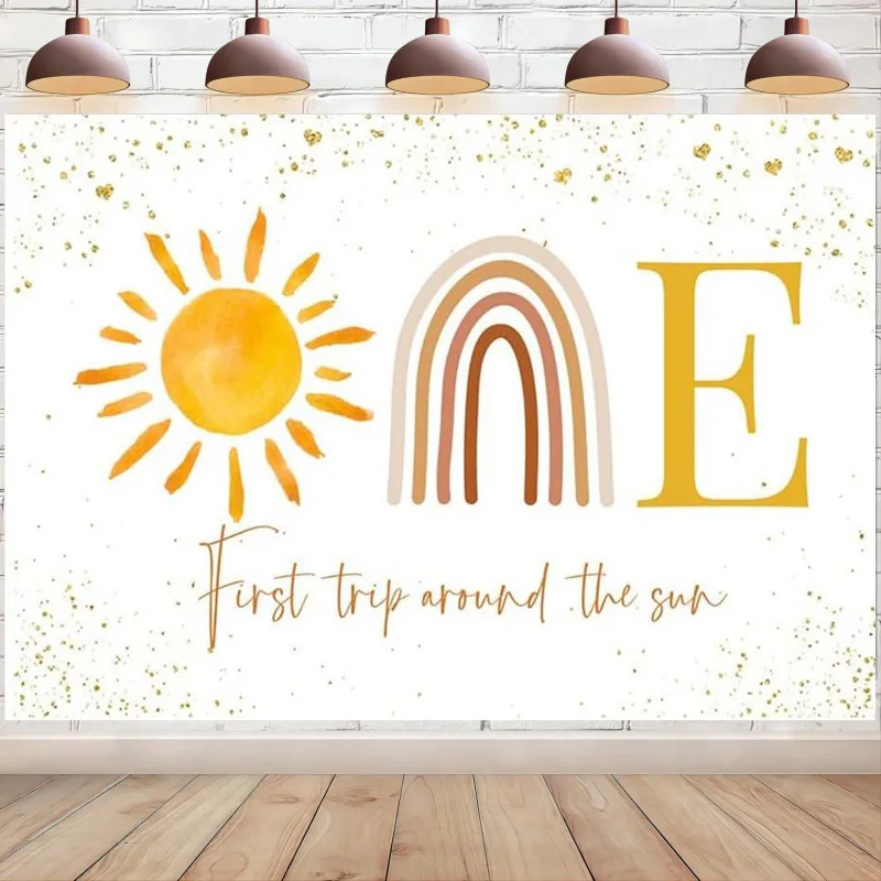 Boho Sun First Trip Around The Sun Backdrop Banner Muted Sunrise Sun Photo Background 1st Birthday Party Decoration Supplies