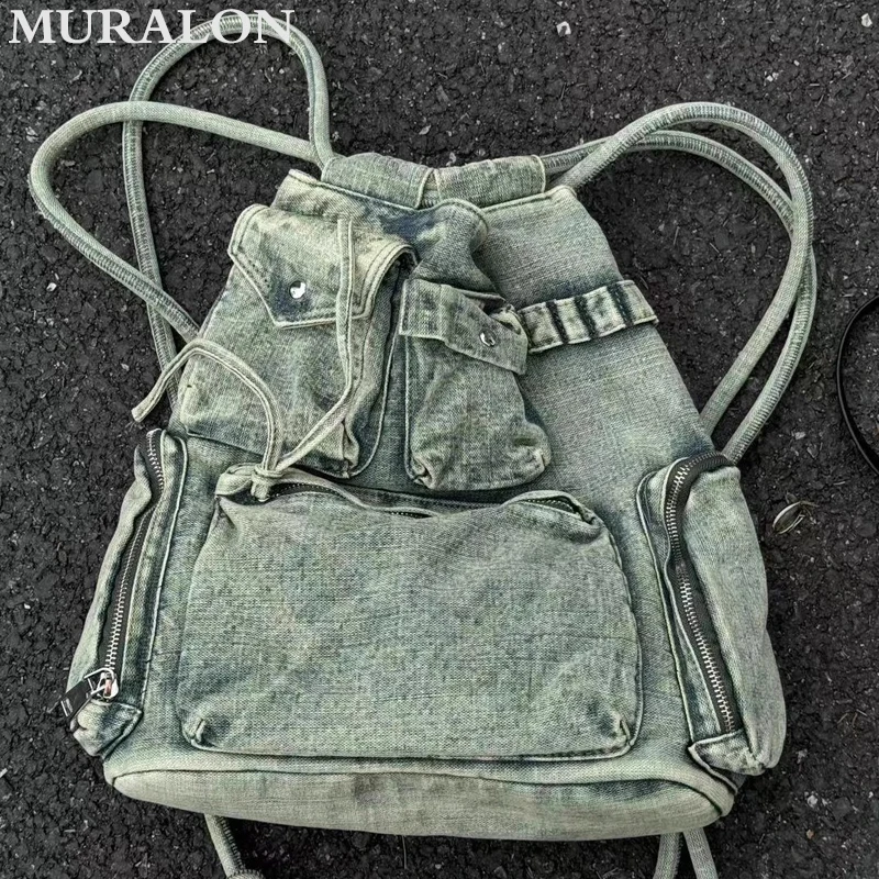 

Fashion Old Denim Multi Pocket Design Backpack 2024 New Casual Holiday Travel Street Style Cool Handbag Tote Shoulder Bags Women