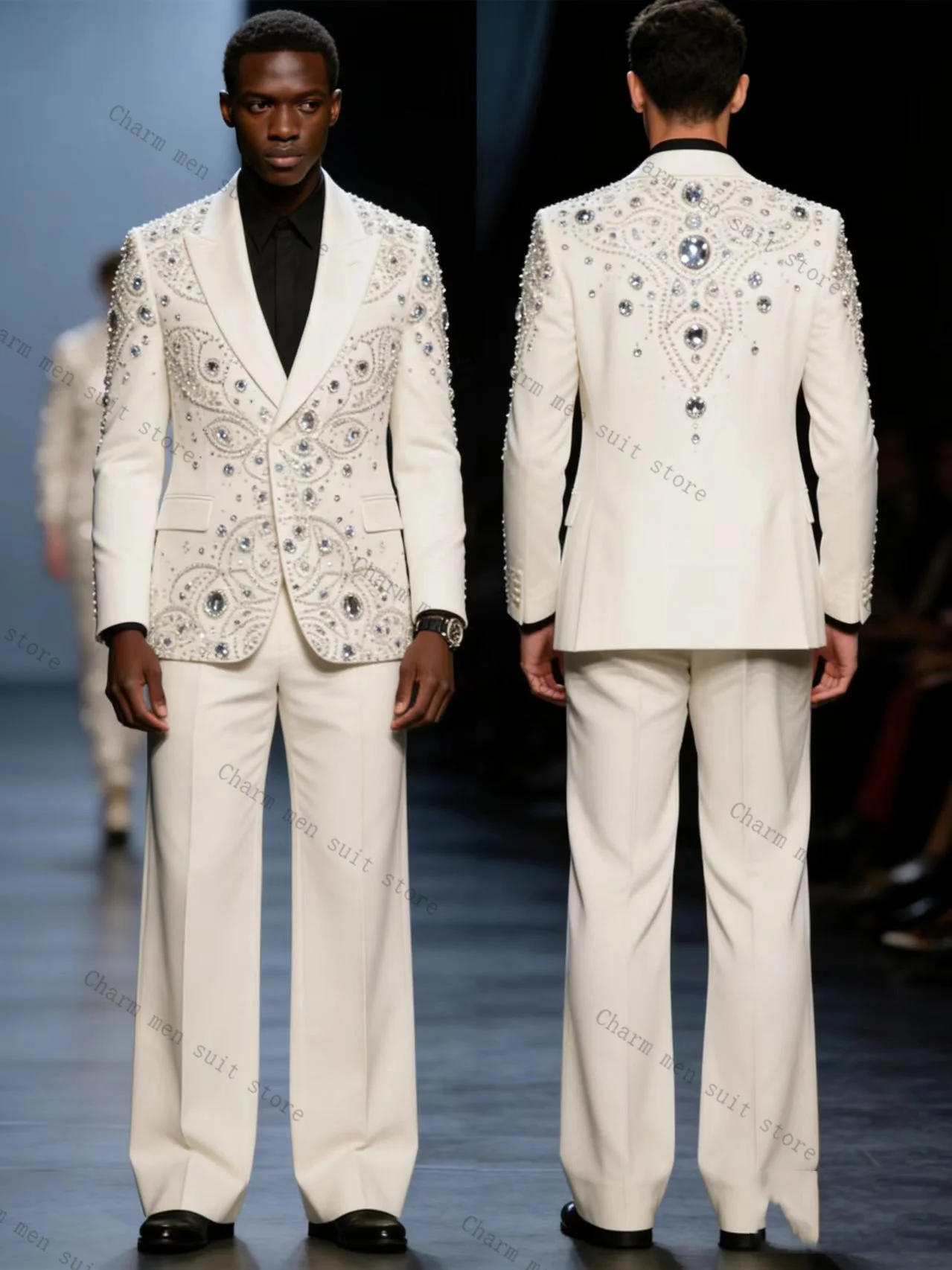 

White Men Suits Set 2 Pcs Crystals Blazer+Cotton Pants Trousers Luxury Wedding Tuxedo Formal Office Business Groom Jacket Coat