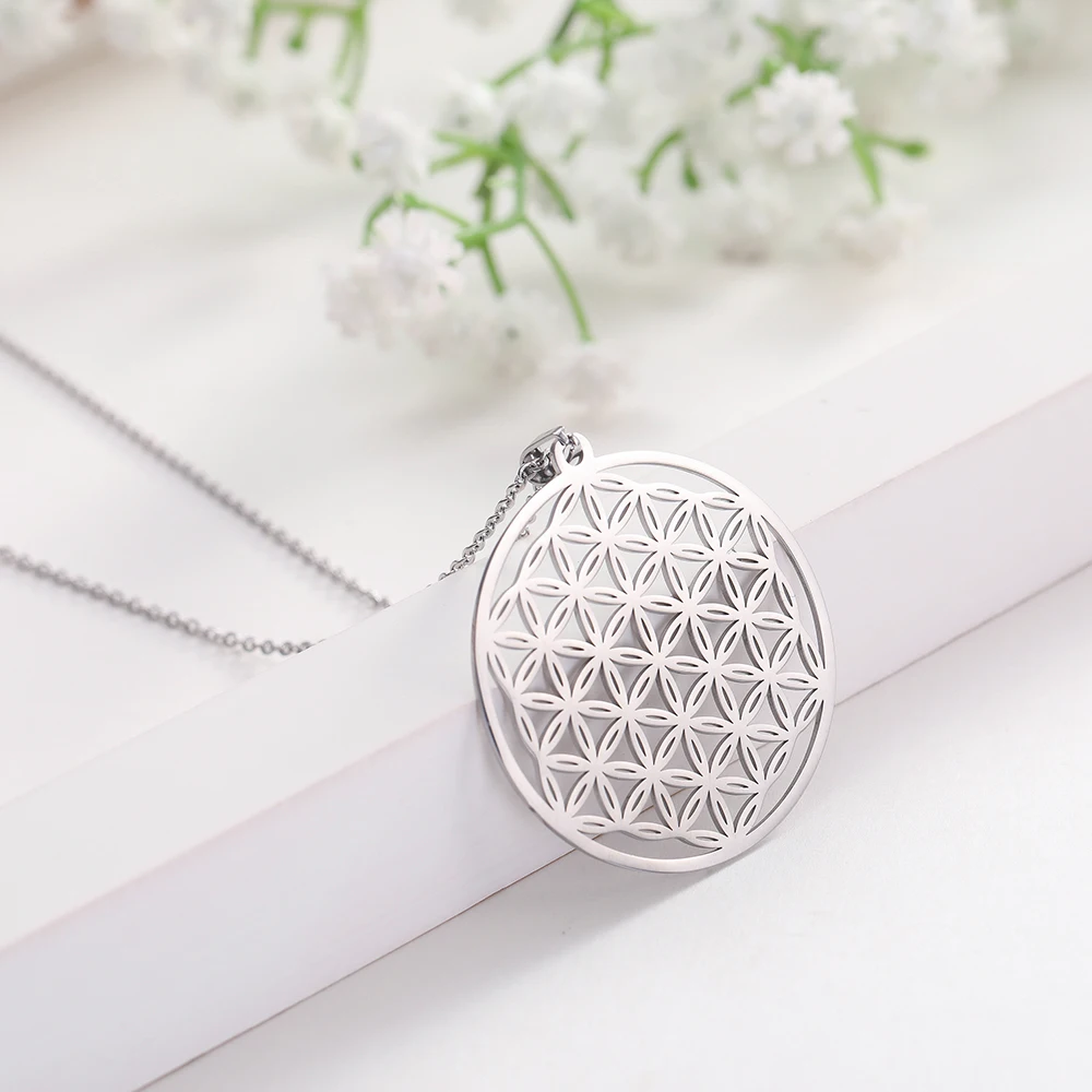 Kkjoy Fashion Stainless Steel Silver Color Viking Wicca Amulet Hollow Flower of Life Pendent Necklace for Women Jewelry Gift