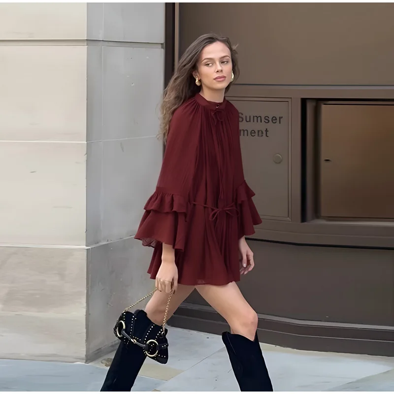 Spring Lace Up Hollow Out Chiffon Dresses Lady Casual Flounce Mini Dress Women Loose O Neck Long Sleeves Robe Female