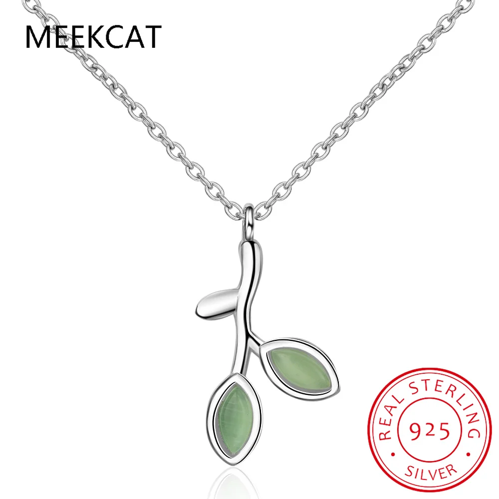 Olive Branch Leaves Green Enamel 925 Sterling Silver Pendant Necklace for Women Gemstone Choker Statement 45cm Chain