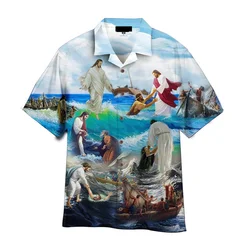 Retro Jesus Graphic Hawaiian Shirt For Men Clothes 3D Printed Christianity Shirts Tops Summer Street Short Sleeves Button Blouse
