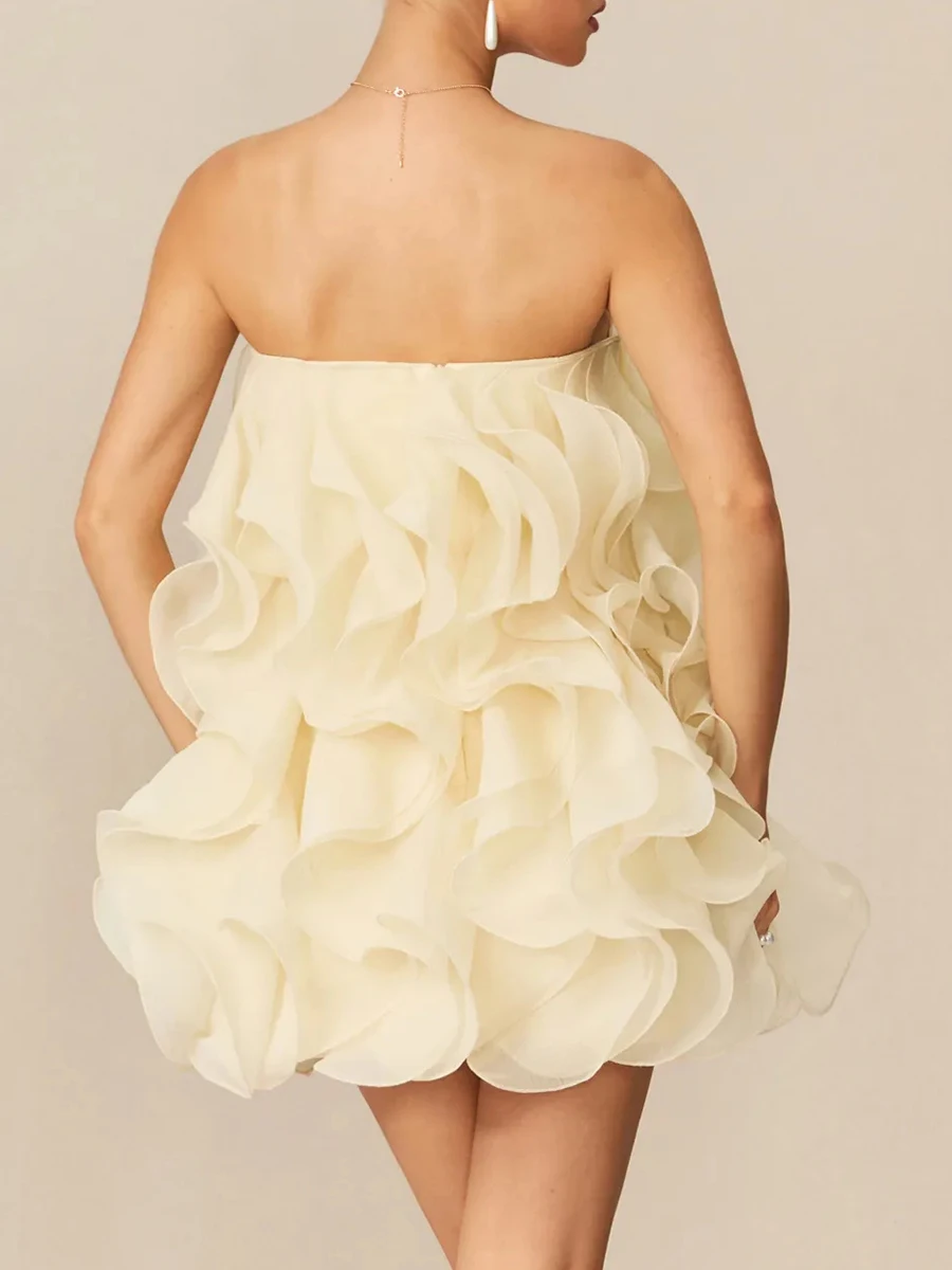 VGH Sexy Evening Spliced Ruffles Ball Gown for Women Strapless Sleeveless High Waist Patchwork Zipper Short Dress Female Style