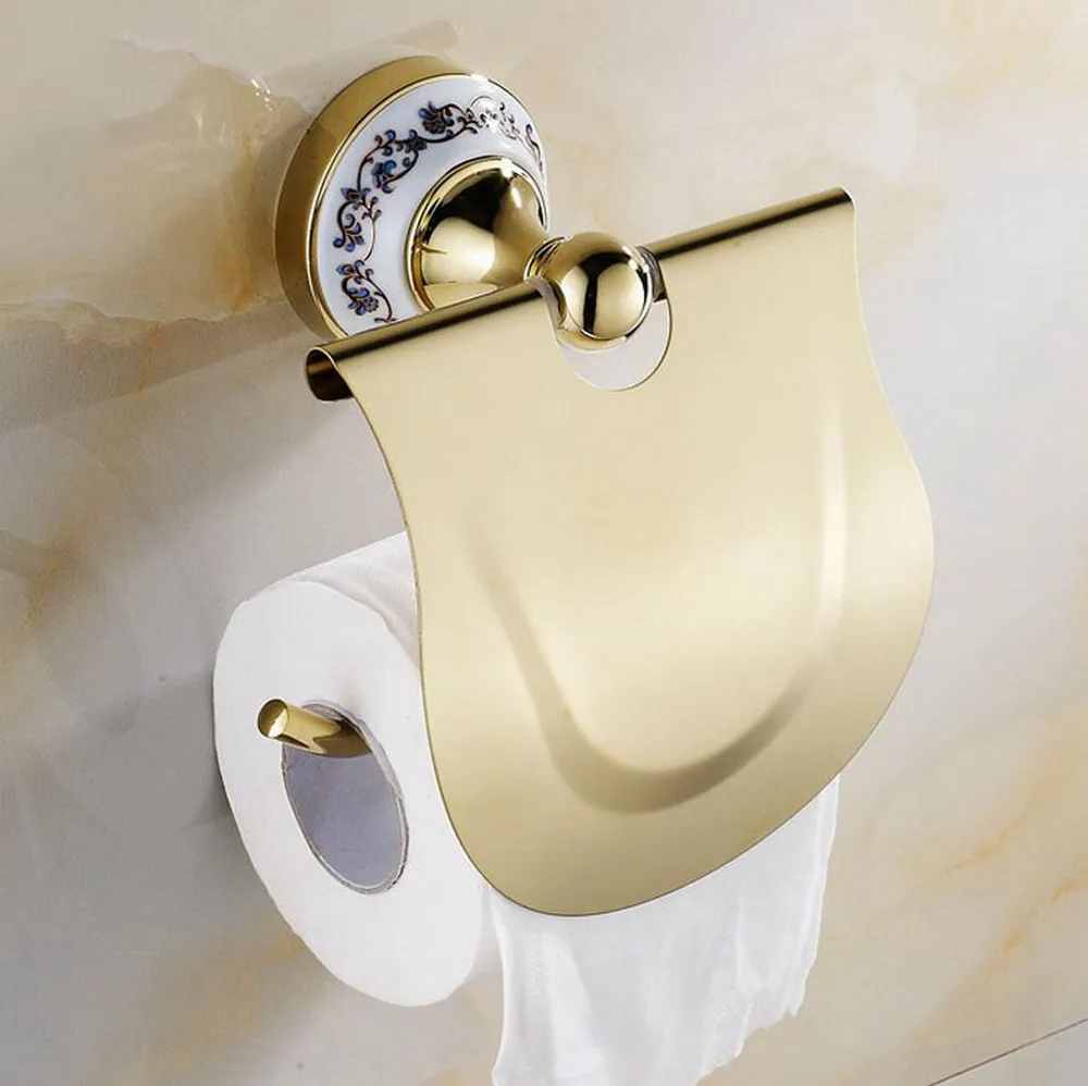 Bathroom Accessories Polished Golden Brass Ceramic Flower Pattern Wall Mounted Toilet Paper Roll Holder  aba251