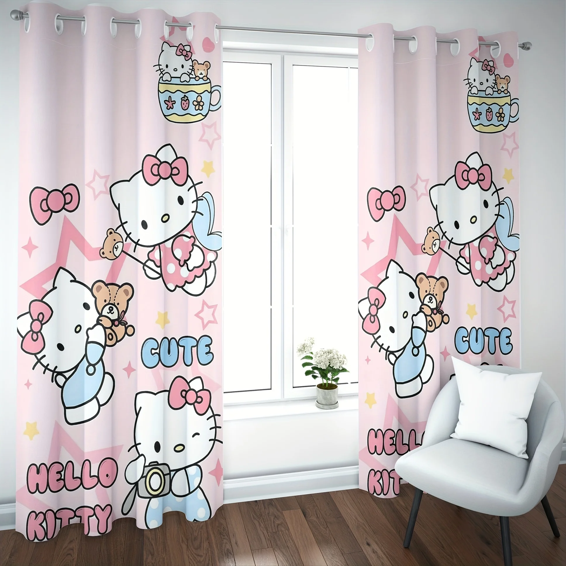 Hello Kitty Blackout Curtains Room Darkening Grommet Top for Living Room Closet Doorway for Teens Children Bedroom Decor