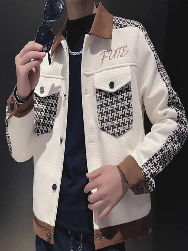 

Vintage Geometric Pattern Patchwork Stitching Jacket Mens Fall Lapel Motorcycle Cotton Korean Slim British Casual