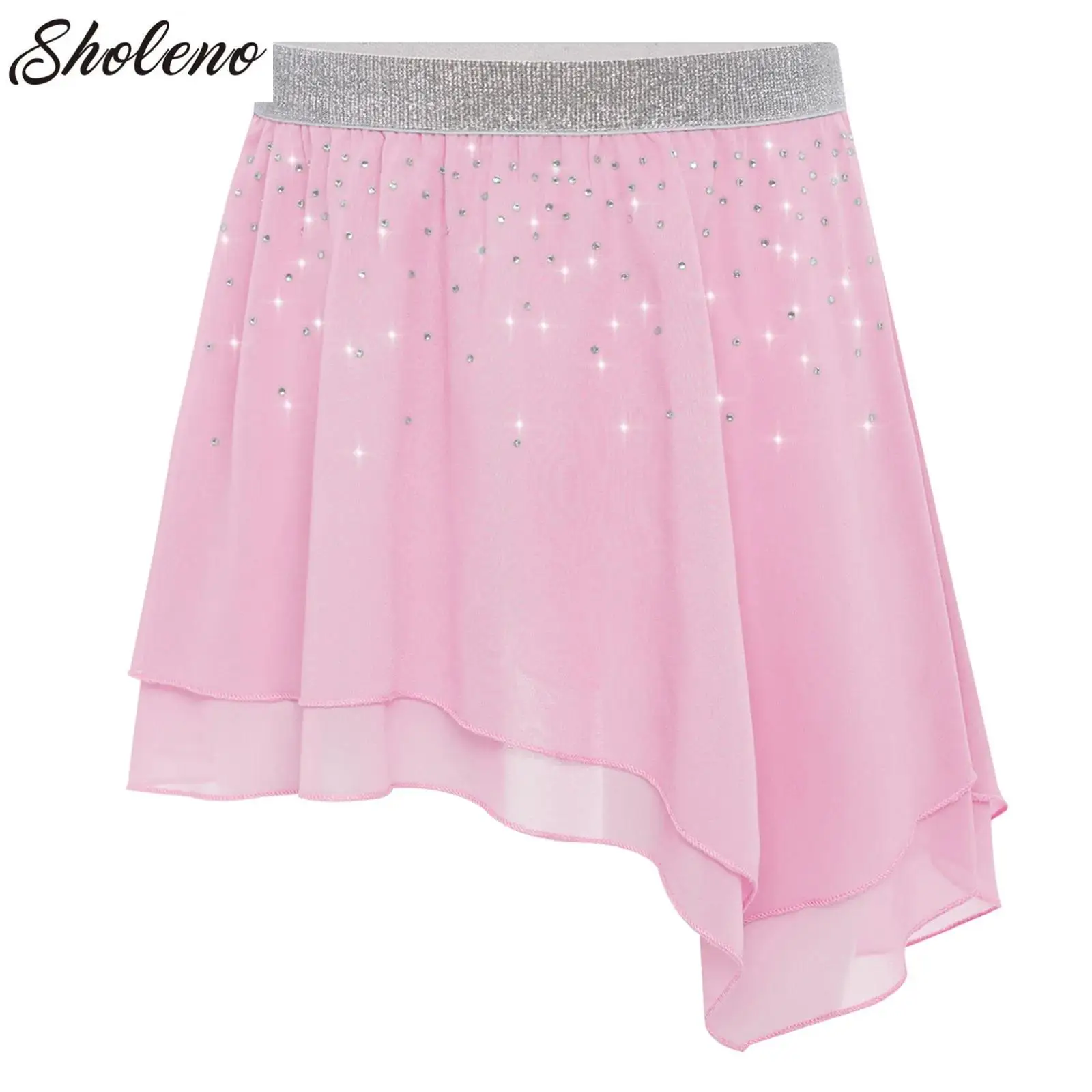 

Kids Girls Chiffon Dance Skirt Shiny Asymmetrical Elastic Waistband Skirt for Ballet Jazz Dance Studio Practice Performance