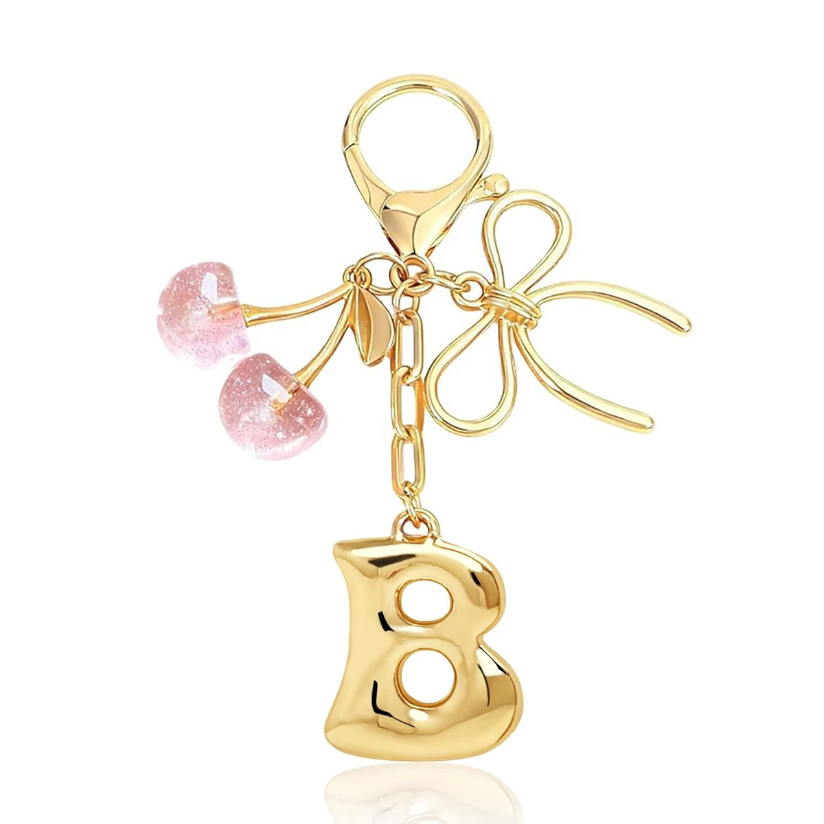Gold Letter Bubble Initial Keychain with Bow & Cherry, Cute Handbag Accessory