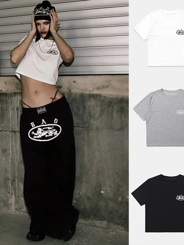 

Американская футболка с вышивкой Sle ort Sve, женская летняя повседневная свободная футболка с баргом живота, уличная одежда в стиле ретро для пикантных девушек