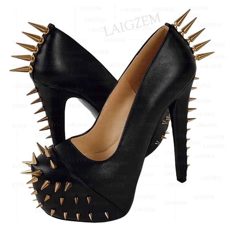 ZHIMA Women Pumps Round Toe Platform Studded Party Thin High Heels Punk Ladies Party Ladies Shoes Woman Large Size 38 42 45 48