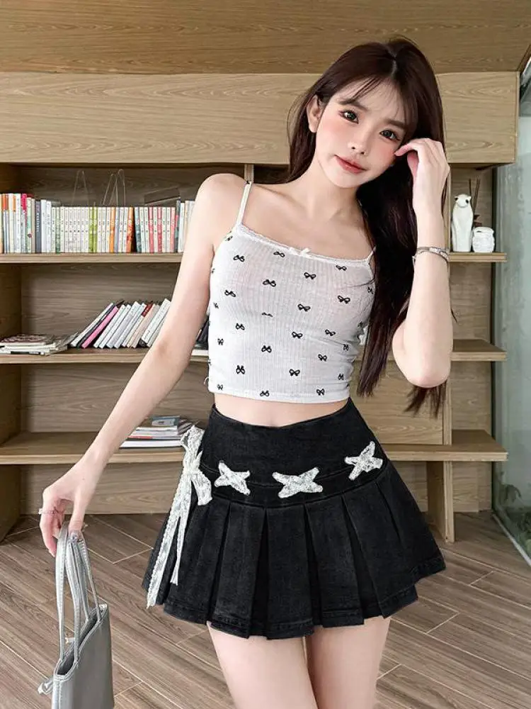 

Retro Women Blue Denim Lace Lace-up Sexy Club Versatile Mini Skirt Summer Black High Waist Slim Pleated Jean Short Skirt Popular