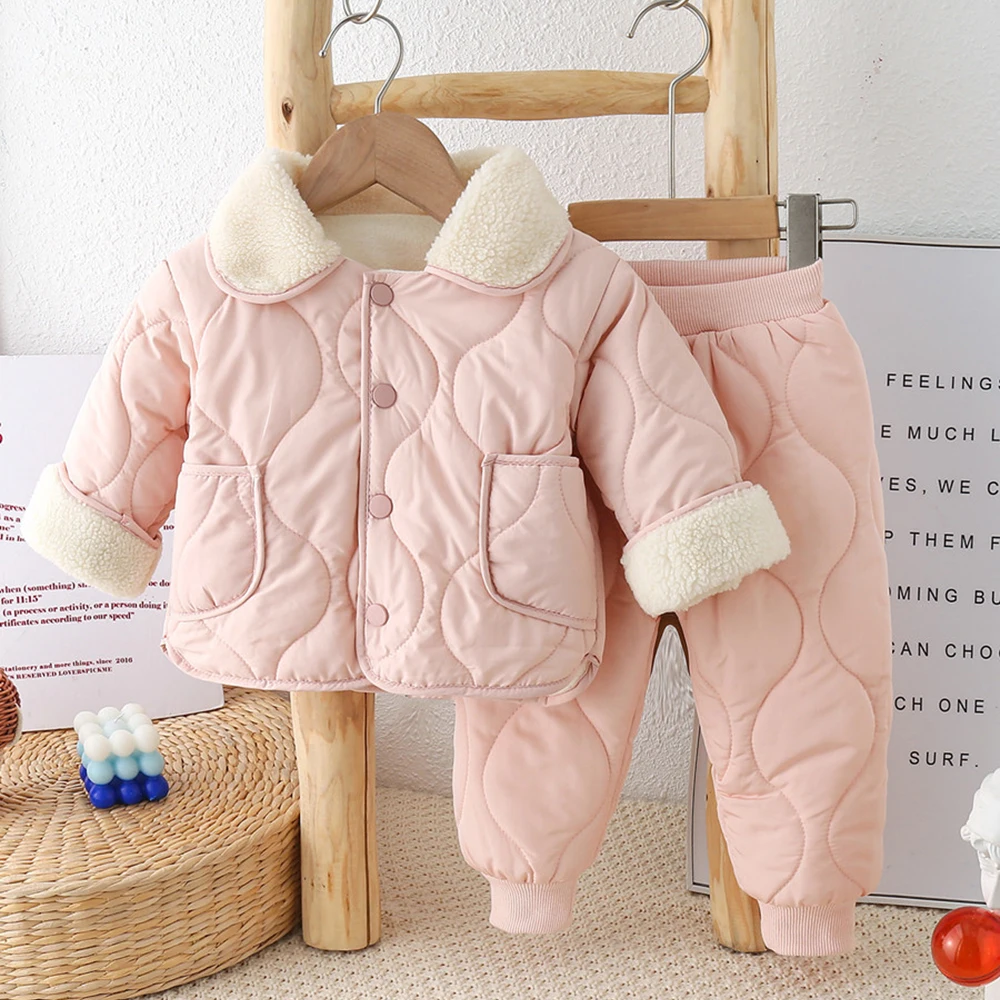 Winter Kids Cotton Padded Coats Thick Warm Children Clothes Sets Kids Velvet Single-breasted Quilted Jackets+Pants 2Pcs Suits