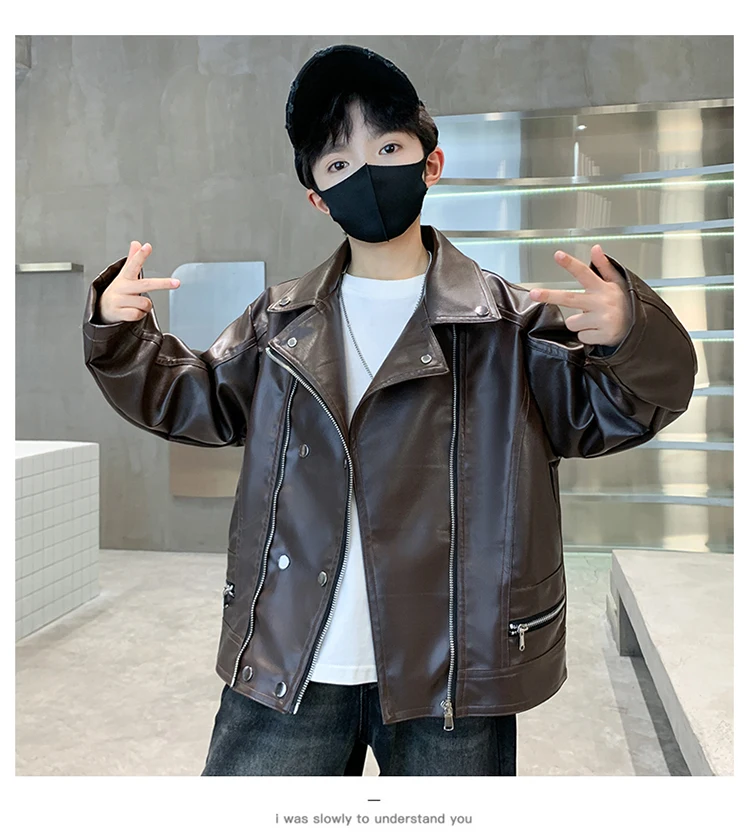 Elegante Kinder-Lederjacke für Teenager-Jungen im koreanischen Stil, schmal geschnittener PU-Ledermantel mit Reißverschluss, modische Frühlingskleidung für Kinder. – Detail 10