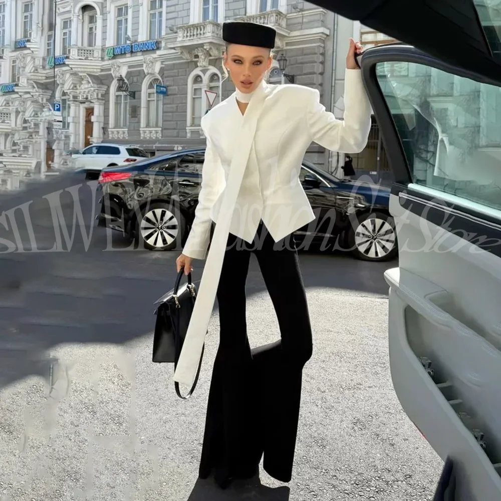 

Gorgeous Women Suit White Black Chic Outfits 2 Pieces Jacket Flared Trousers Stylish Social Party Female High-end Blazer Set