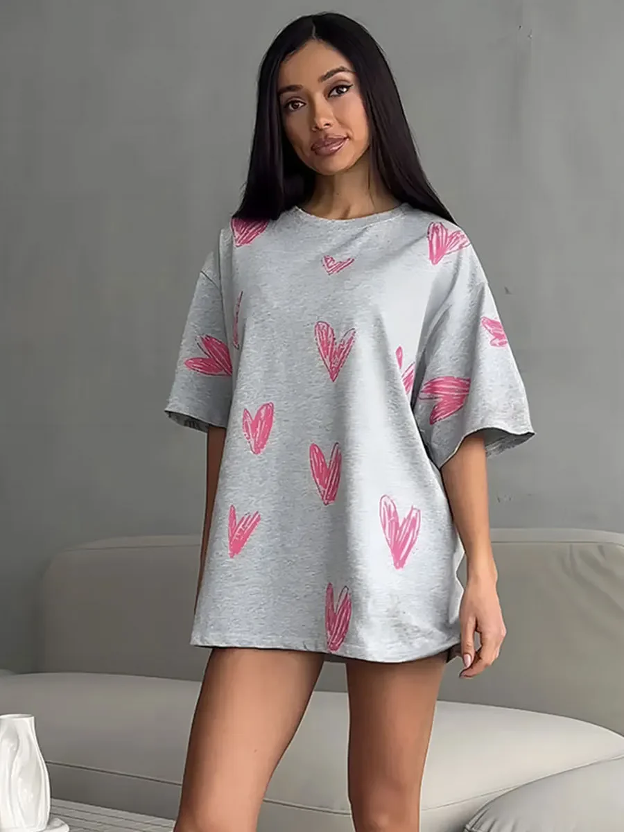 Bornladies Casual O-neck heart Print Women T-shirt Summer Short Sleeve Loose Cotton Female Basic Tops Shirt Tees women clothes