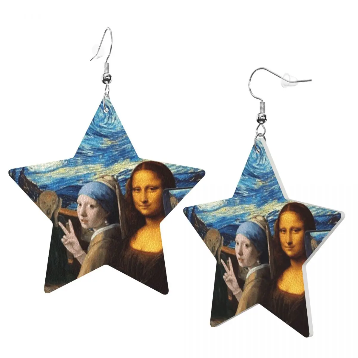 Custom Starry Night By Mona Lisa And Vincent Van Gogh Dangle Drop Earrings Leather Earrings for Women Art Painting For Party