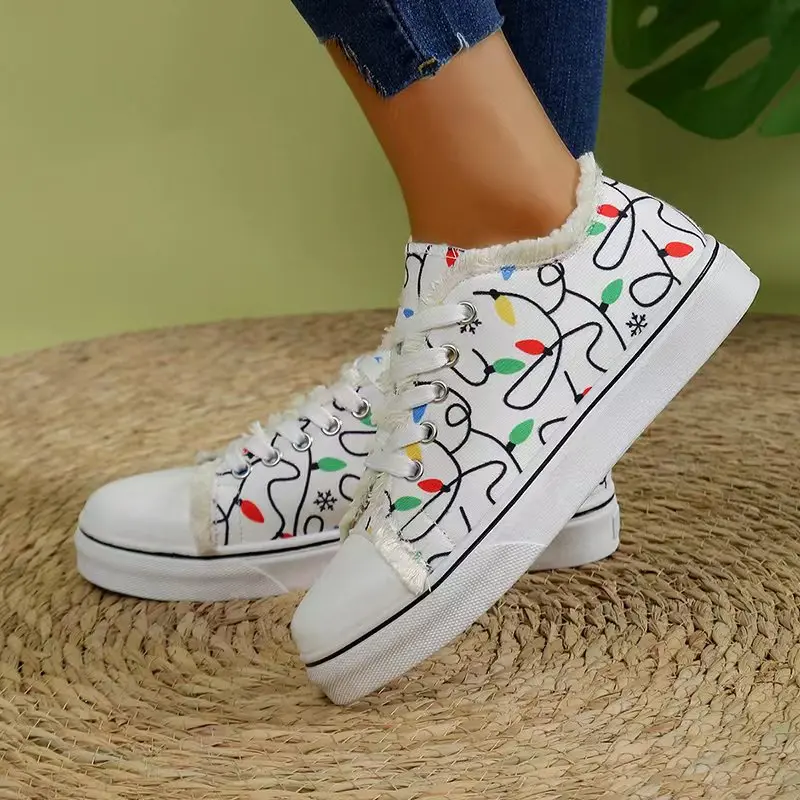 Spring New Women\'s Cartoon Graffiti Casual Canvas Shoes Fashion Lace-Up Woman Breathable Round Toe Sneakers Lightweight Female