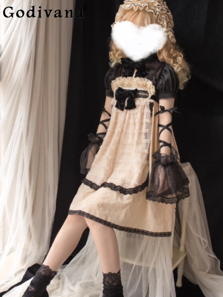 

Elegant Lolita Sweet Slash Neck Ruffles Bow JSK Fairy Suspender Dress Summer High Waist A-line Lace Versatile Princess Dresses