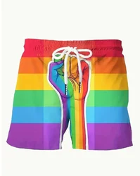 Summer New Style Men's Rainbow Pride Elastic Waist Drawstring Shorts Fashion Quick-Dry Beach Shorts Casual Comfort Loose Pants