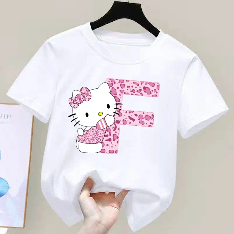 Hello Kitty Letter A-Z Children\'s Short-sleeved New Sanrio Summer T-shirt Clothes Girly Heart Soft Clothes Kawaii Birthday Gift