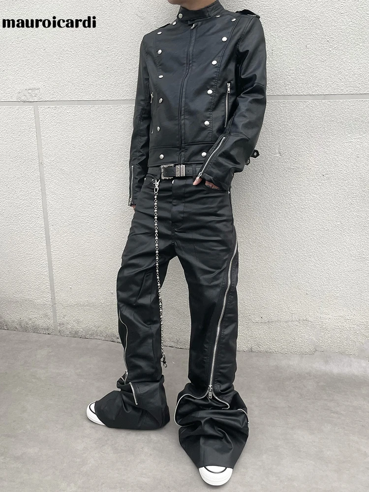 Mauroicardi Autumn Extra Long Matte Black Pu Leather Wide Leg Pants for Men with Many Zippers Techwear‌ Clothes Menswear 2026