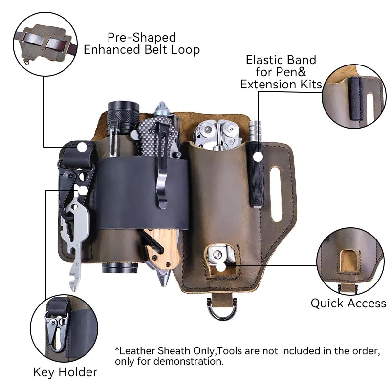 정품 가죽 야외 작업 벨트 가방, 다기능 EDC 보관 허리 가방, 남성용 레저 야외 사용, 키 버클 포함, 1 개