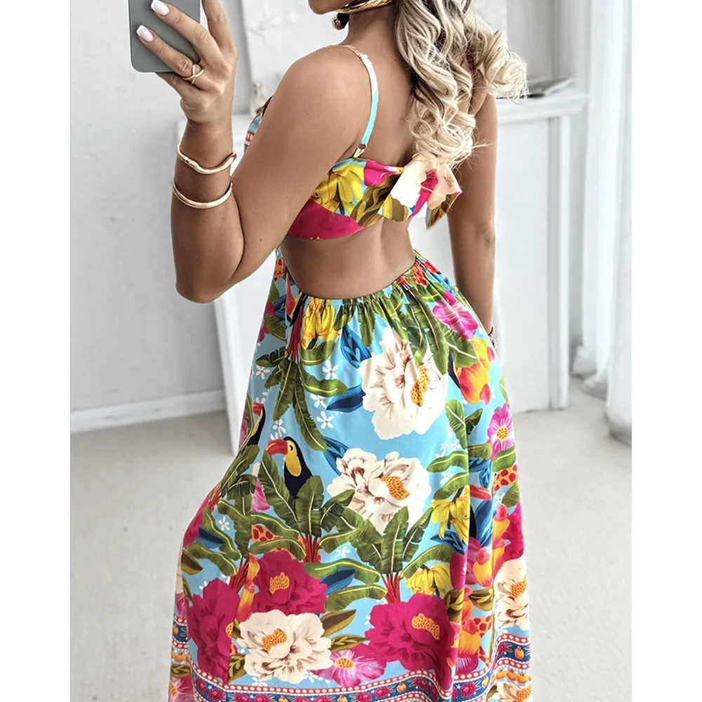 女性ファッションホルター花柄ボヘミアンスタイルドレスタイバックカットアウトマキシドレスビーチ衣装夏休み衣装