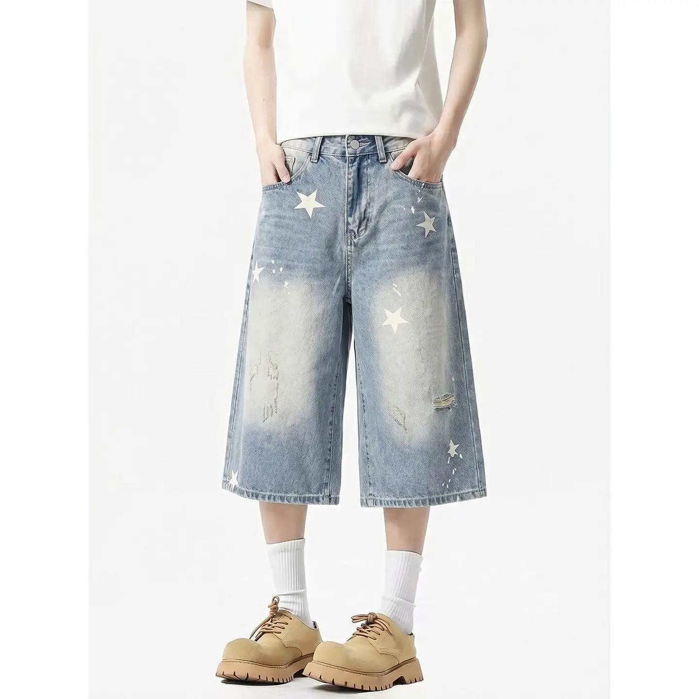 Men's Star Print Wide Leg Denim Cropped Pants Cool Boys Summer Thin Shorts Casual Bottom Male High Waist Calf-length Trousers