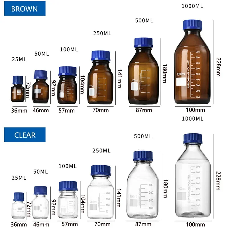 25ml-1000ml Blue Screw Cap Glass Reagent For Laboratory Utensils Medical Supplies Glass Reagent Bottle Refillable Containers