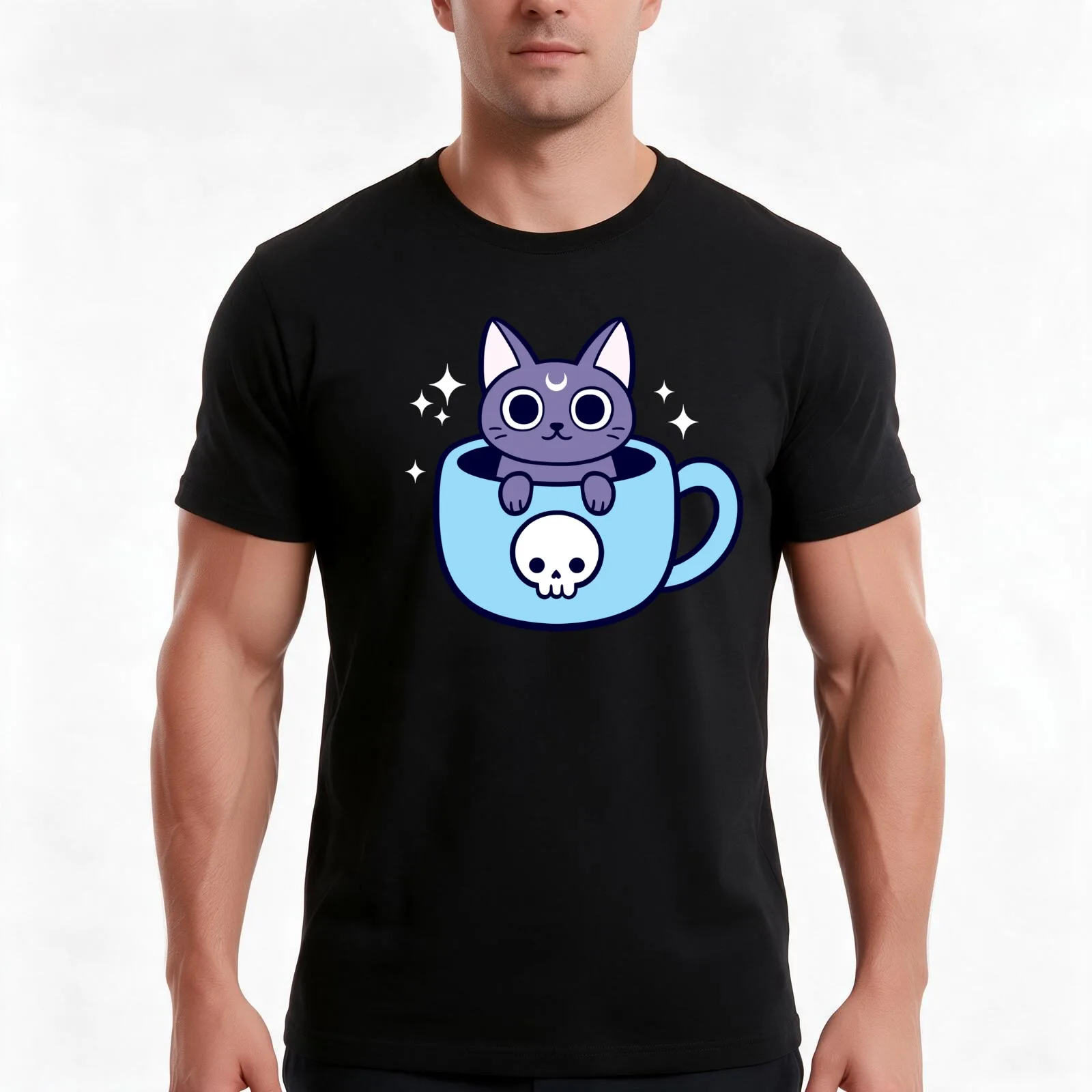 Black Magic Tea / Coffee Cat Nikury T-Shirt, Summer Casual Cotton Tee, Oversized Streetwear Tops, Vintage Graphic Print