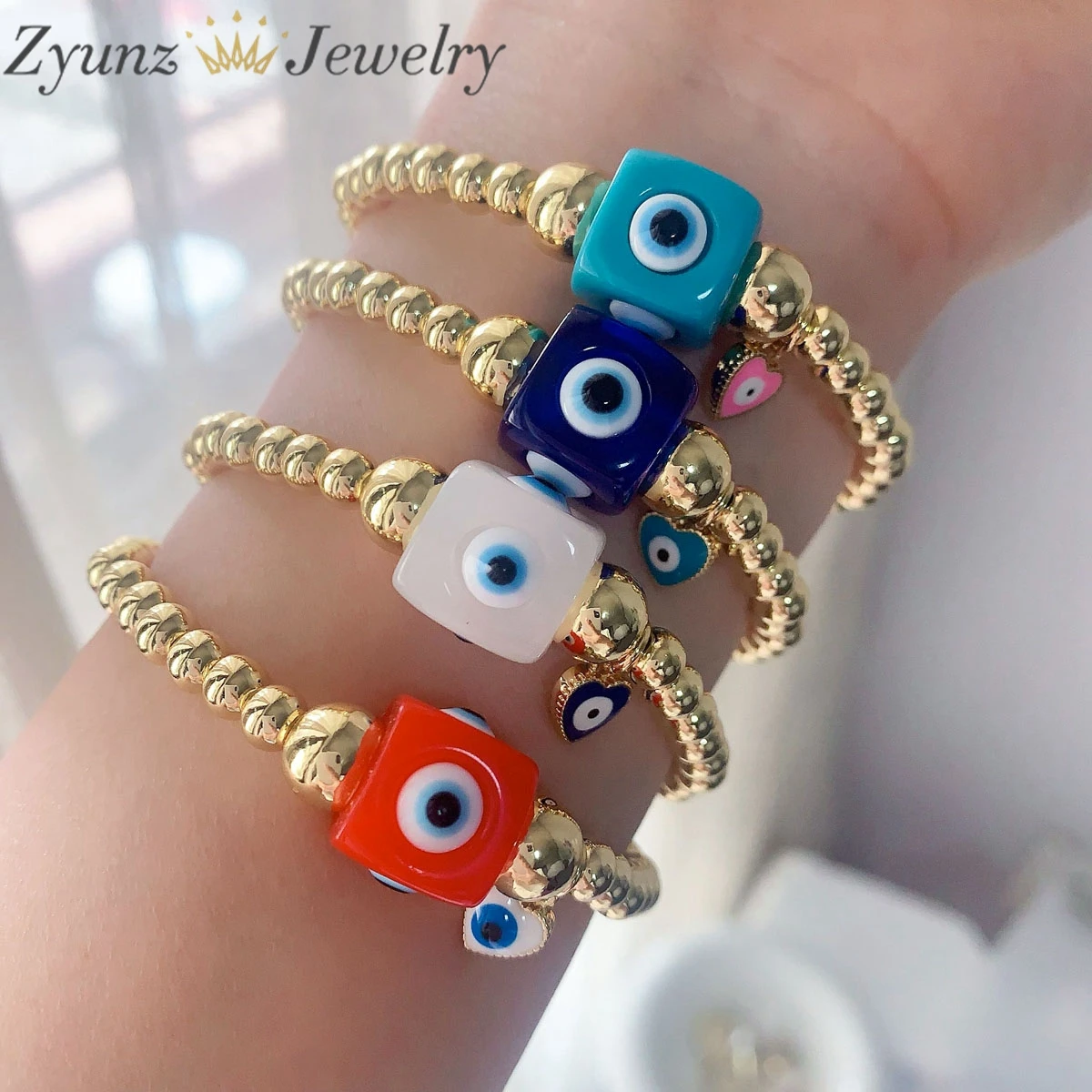 5 pezzi, braccialetti multicolori turchi malocchio per le donne 18 K placcato oro palla perline braccialetto cuore gioielli protettivi