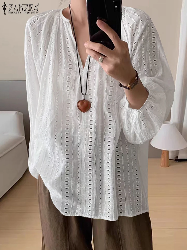 

ZANZEA, корейская модная кружевная блузка, женские однотонные топы с v-образным вырезом, весна 2024, туники с длинными рукавами, повседневные свободные хлопковые плиссированные блузки