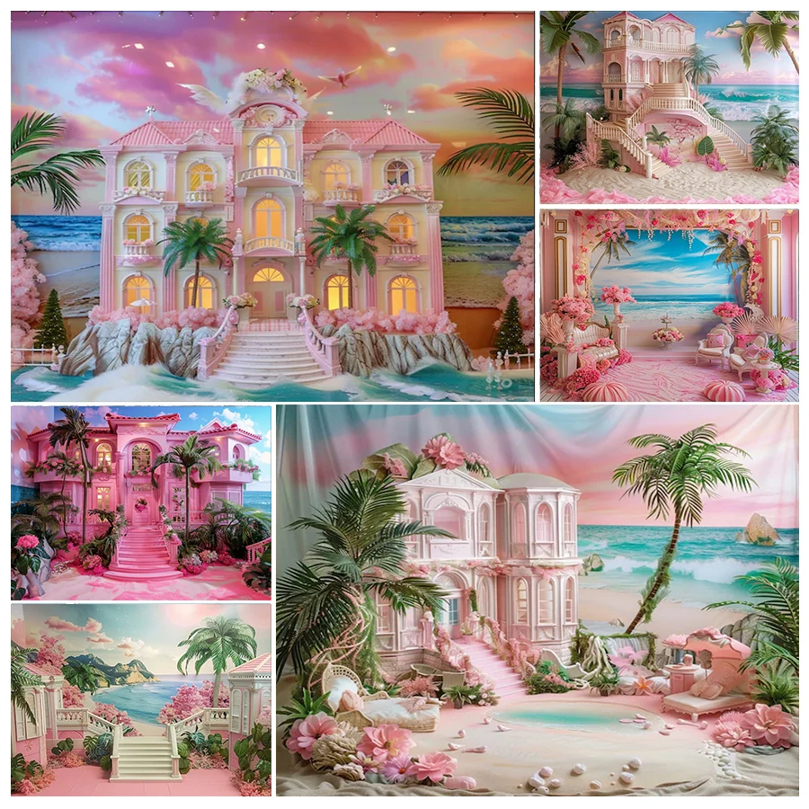 

Barbie Dream House Summer Beach Surf Shop Backdrops Kids Baby Birthday Balloon Portrait Photography Seaside Trees Background