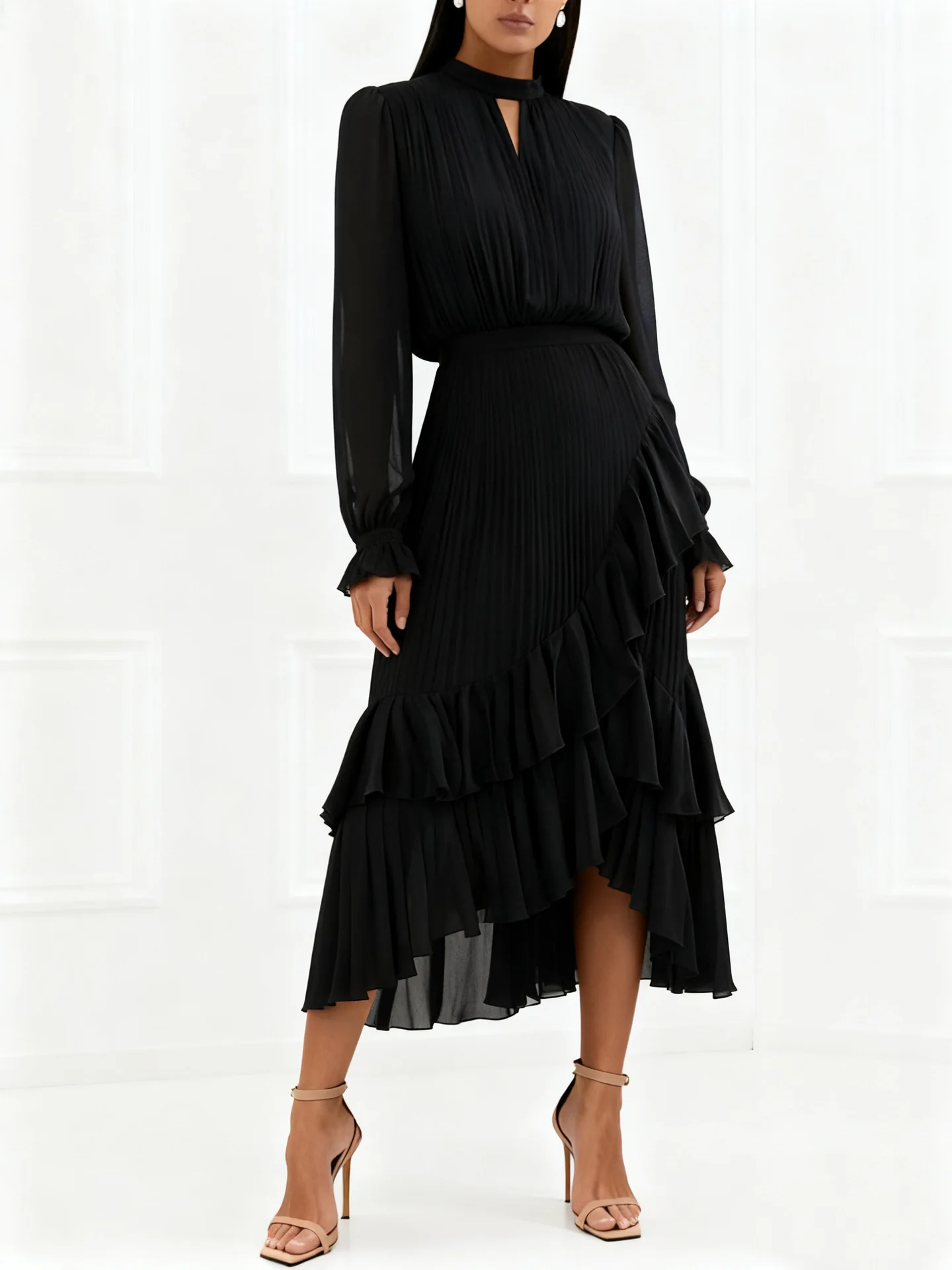 LGRQ 2026 Summer New Solid Color High Waist Dress With Ruffled Hem And Pleats Mid-Length Party Evening Gown