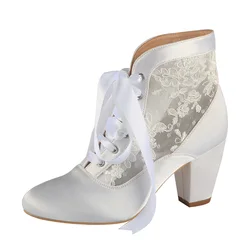 Venus lure High Quality White Wedding Ankle Boots for Bride Satin and Lace Block Heel Bridal Shoes Boots Winter Customized