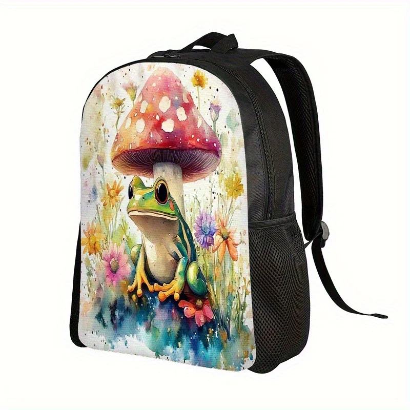 

1 cute frog and mushroom print backpack with green toadstool and heart pattern - lightweight foldable school bag
