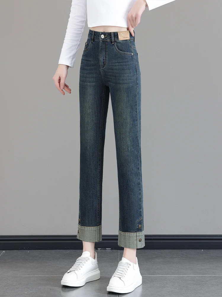 

Retro High Waist Straight Leg Jeans Women's Spring Autumn New Style Slimming Long Stretch Cotton Denim Casual Trousers