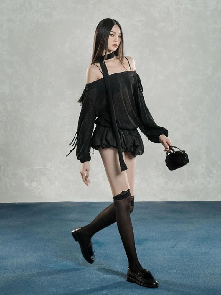 Streetwear See Through Sexy Dresses Harajuku Vintage Bandage Solid Robe Autumn A-line Vestidos Y2k Aesthetic Slash Neck Dresses