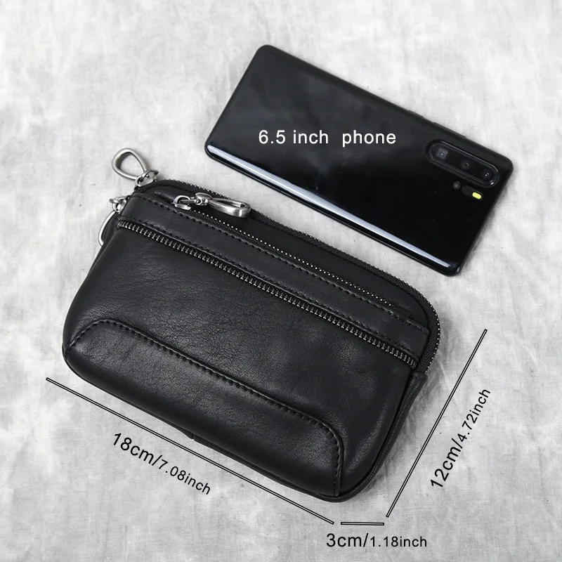 Herren-Gürteltasche aus echtem Leder, horizontal, für Mobiltelefone, Retro-Stil, Oberschicht aus Rindsleder, schlicht, lässig, mit Doppelreißverschluss, JLFGPJ – Detail 2