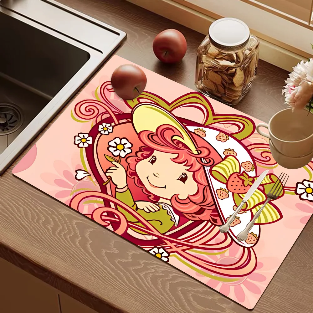 Strawberry Shortcake Quick Drying Dish Mat Printed Kitchen Non-slip Coffee Cup Pad Drain Mats Dinnerware Cup Bottle Placemat