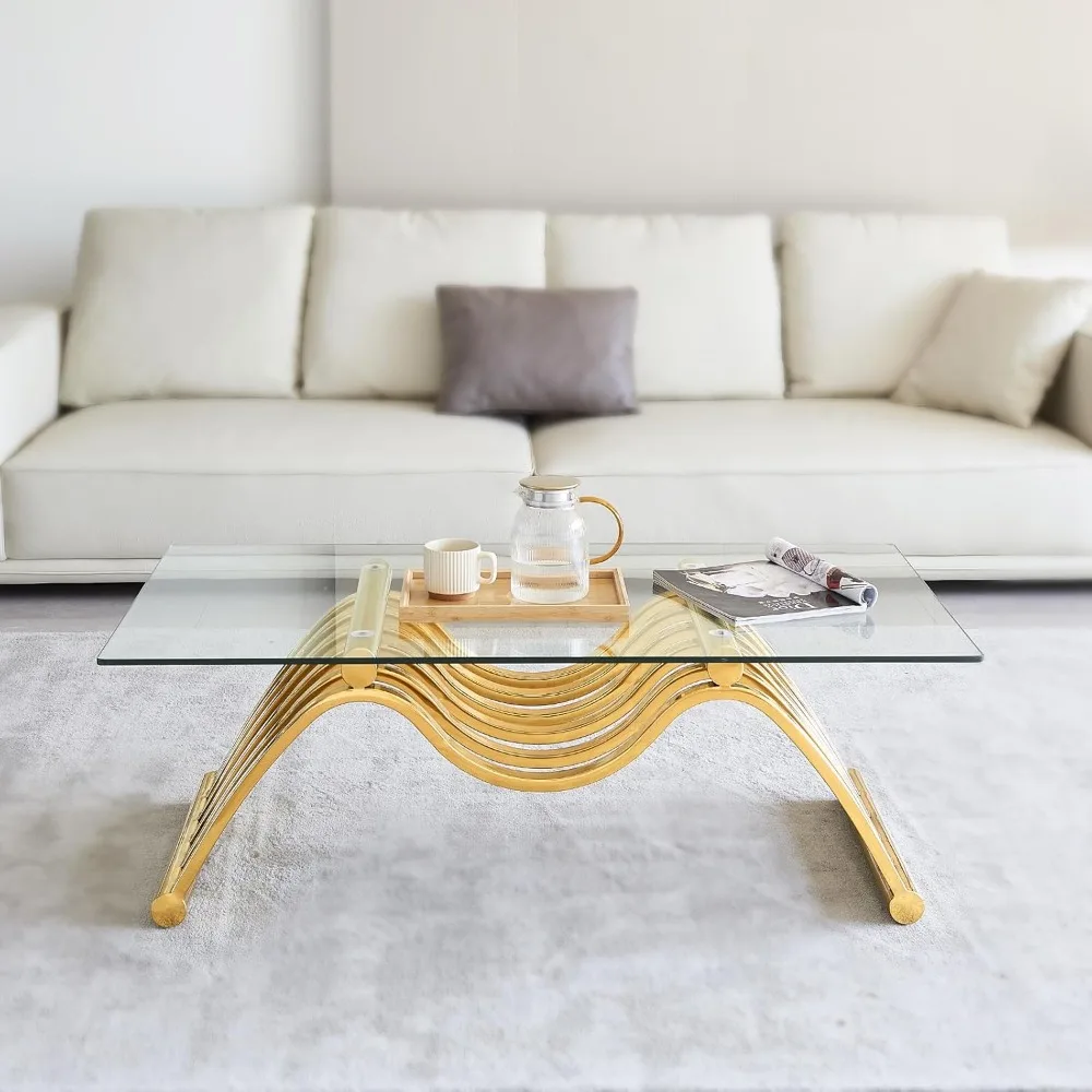 Gold Glass Coffee Table, 47 Tempered Clear Glass Top, Stainless Steel Frame, Unique Decorative Center Table, Modern Gold Coffee