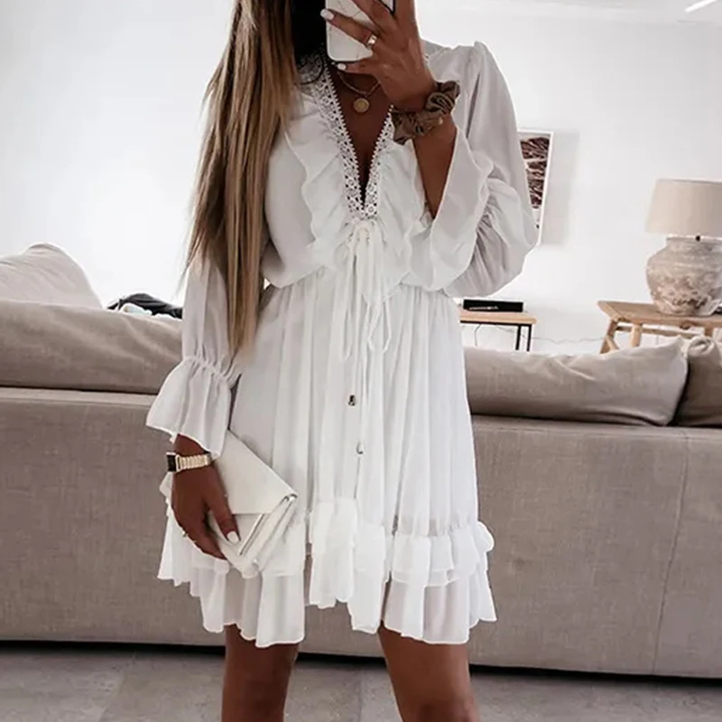 Elegant Lace-up Hight Waist A-Line Dress Women Sexy Lace Splicing V-neck Solid Mini Dress Casual Long Sleeve Chiffon Party Dress