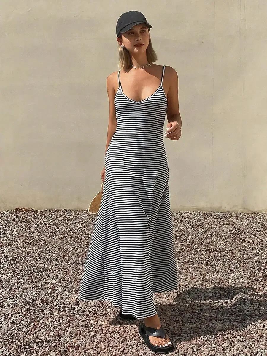 

Women Striped V-Neck Spaghetti Strap Long Sundress Casual Vacation Summer Dress