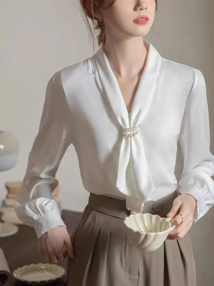 

2025 Fashion Satin Blouse Women Tops Office Ladies Long Sleeve White Elegant Female Shirts With Tie V Neck Loose Clothing New